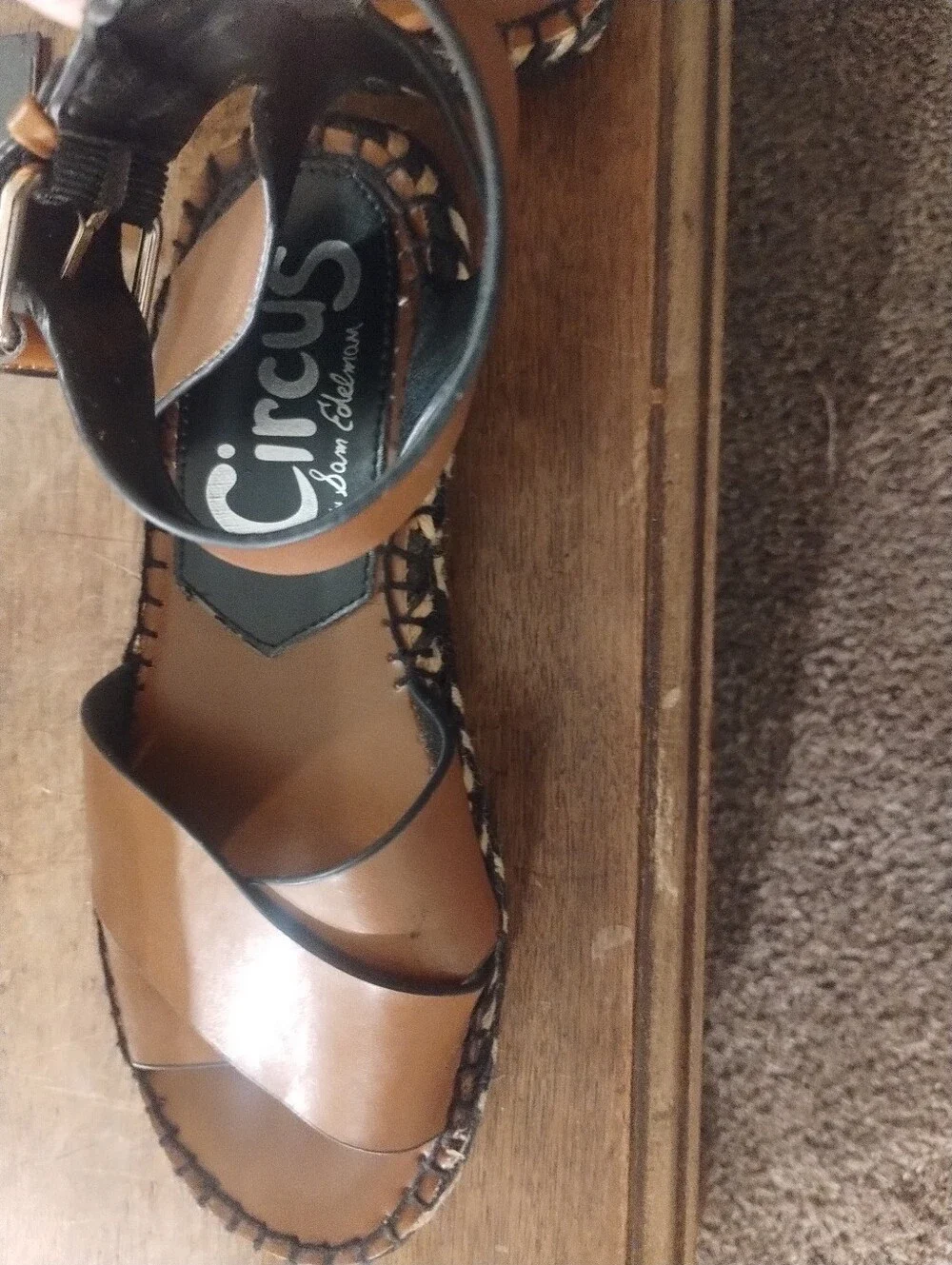 Sam Edelman Tan Brown Leather Wedge Sandals with Ankle Strap